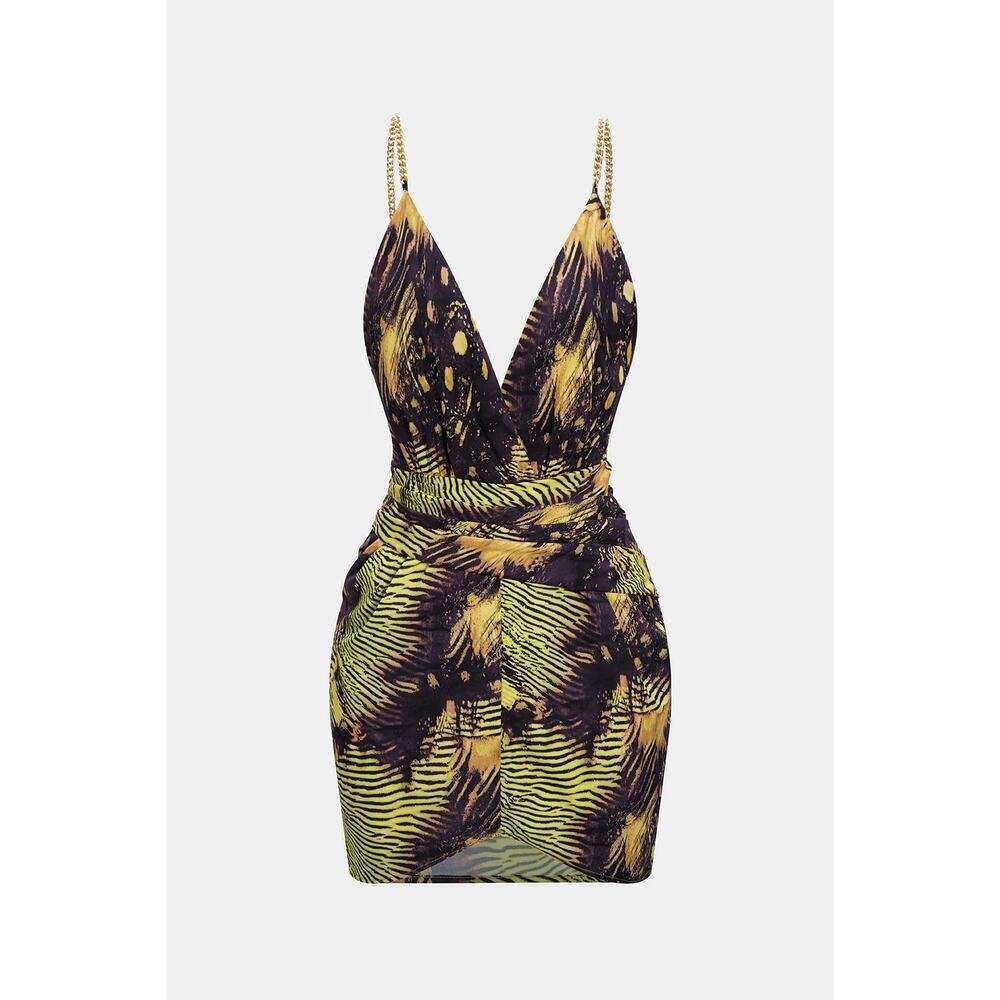 Micas Tropical Print Metallic Chain Asymmetrical Slevess Mini Size Small NWT